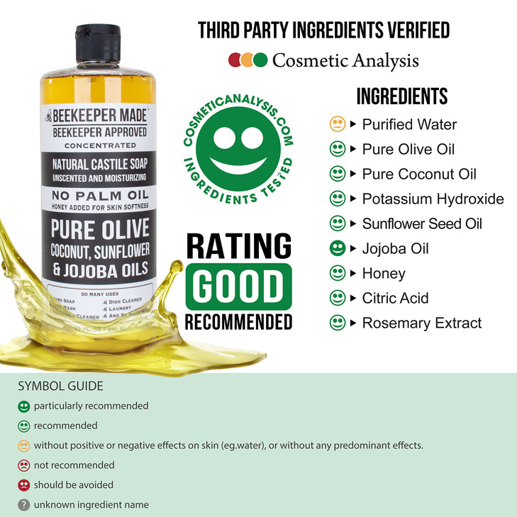 Beekeeper Made Natural Castile Soap, 32 fl oz | No Palm Oil, 8 Ingredients, Pure Olive, Coconut, & Sunflower Oils, GMO Free, For Sensitive Skin, Made