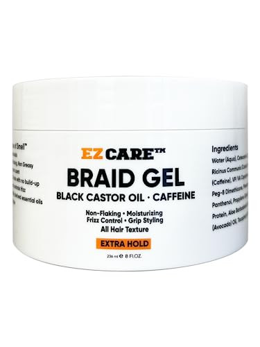 EZCARE Braid Gel Black Castor Oil/Caffeine/Non-Flaking/Moisturizing/Frizz Control/Grip Styling/All Hair Texture/Extra Hold (8 oz.)