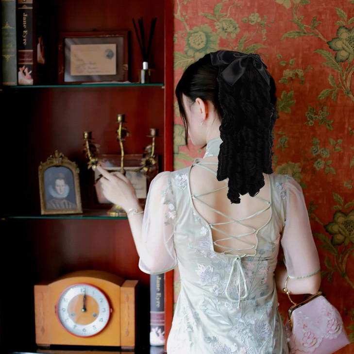 Beavorty Victorian Wig - Human Ringlet Wig with Bow, Long Curly Ponytail Hairpiece, Polyester