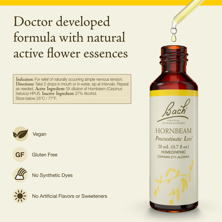 Bach Original Flower Remedies, Hornbeam - Procrastinate Less - Natural Homeopathic Flower Essence for Emotional Balance - Vegan, Gluten Free, Sugar F