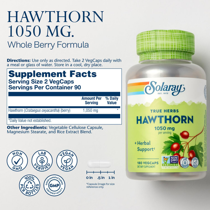 SOLARAY Hawthorn Berry Capsules 1050 mg  Soothing Herbal Support  Vegan, Non-GMO, 180 VegCaps, 90 Servings