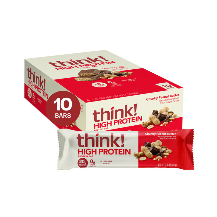think! Protein Bars, High Protein Snacks, Gluten Free, Kosher Friendly, Chunky Peanut Butter, Nutrition Bars, 2.1 Oz per Bar, 10 Count (Packaging May