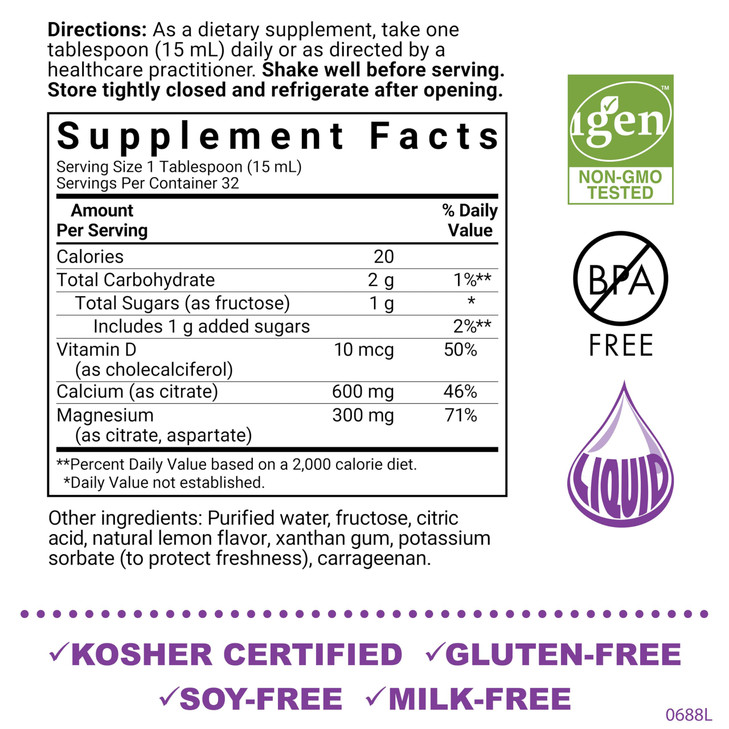 Bluebonnet Nutrition Liquid Calcium Citrate Magnesium Citrate, Vitamin D3, Bone Health, Gluten Free, Soy free, milk free, kosher, 32 Servings, Lemon