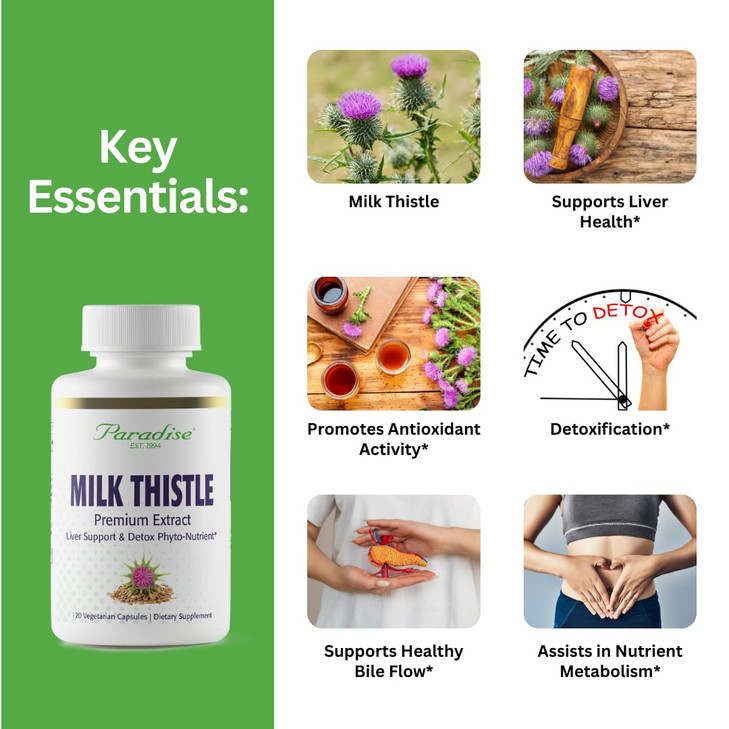 Paradise Herbs Milk Thistle, Active Whole Spectrum Extract, Super Potent, Ultra Pure, Vegan, Non GMO, Gluten Free, 120 Vegetarian Capsules