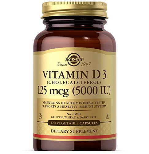 Solgar Vitamin D3 (Cholecalciferol) 125 Mcg (5000 IU), 120 Vegetable Capsules - Helps Maintain Healthy Bones & Teeth - Immune System Support - Non-GM