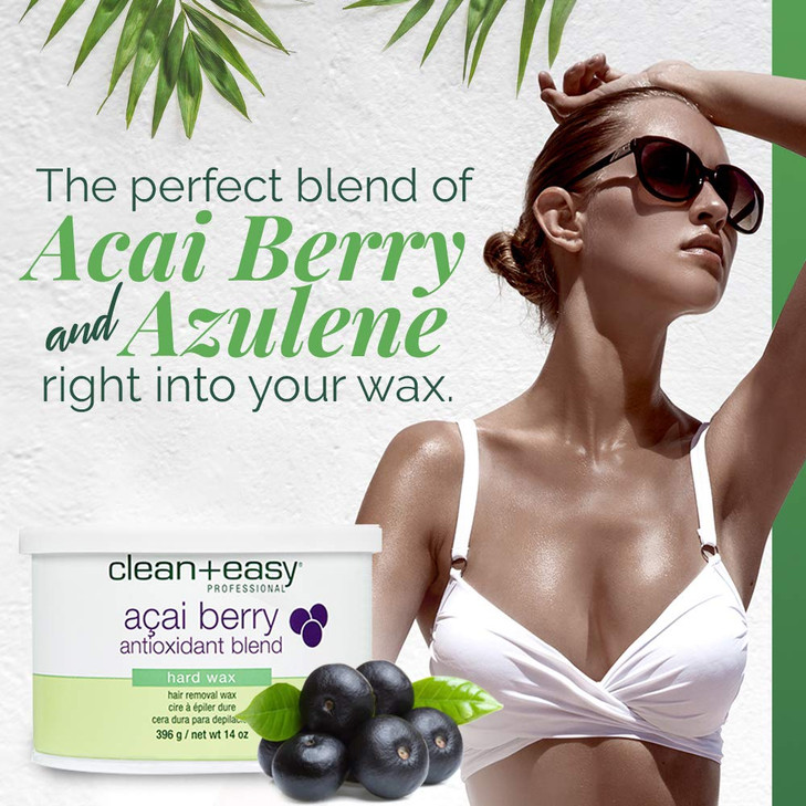 Clean + Easy Acai Berry Hard Wax for Hair Removal  Non-Strip, Depilatory Wax for Painless Full Body, Face, Bikini Brazilian Waxing, Removes Fine to