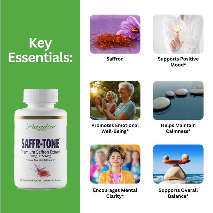 Paradise Herbs Saffr-Tone, Saffron Extract, Active Whole Spectrum Extract, Super Potent, Ultra Pure, Vegan, Non-GMO, Gluten Free, 60 Vegetarian Capsu
