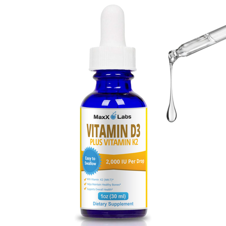 MaxX Labs Vitamin D3 K2 Liquid Drops - Liquid Vitamin-D3 2000 IU Per Drop with K2 Supplements for Adults & Kids - Vitamin D K2 MK7 for Healthy Bones,