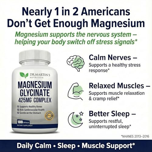 Premium Magnesium Glycinate 425mg - 180 Vegan Capsules - Helps with Stress Relief, Sleep, Muscle Cramps & Healthy Heart |
