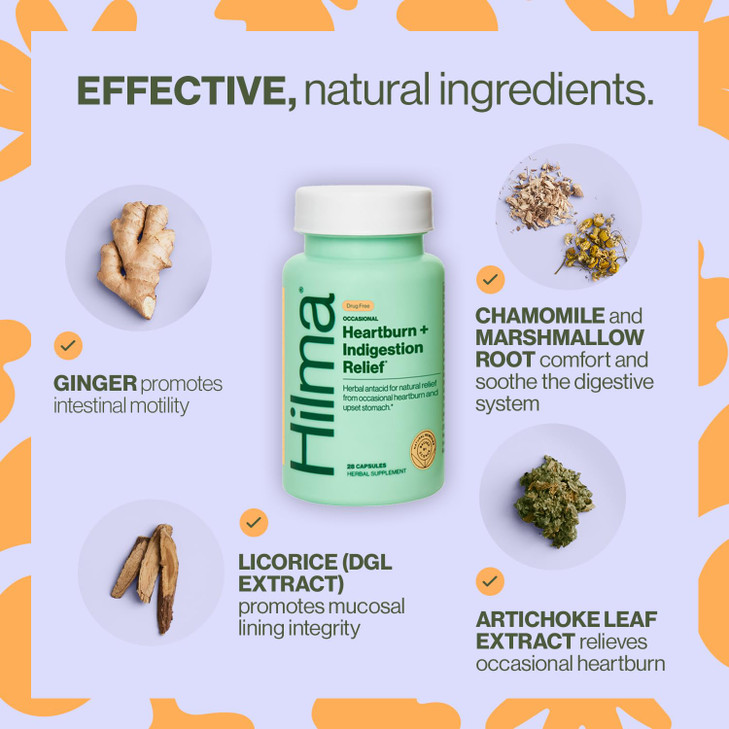 Hilma Heartburn & Indigestion Relief, Natural Antacid for Occasional Acid Reflux & Heartburn, Ginger, Chamomile, Marshmallow Root and More, Doctor-Fo