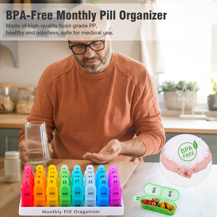 Monthly Pill Organizer 2 Times A Day, Greencycle 30 Day Medicine Organizer, AM PM Pill Cases, 4 Week Pill Box, Small Compartments to Hold Vitamins Fi