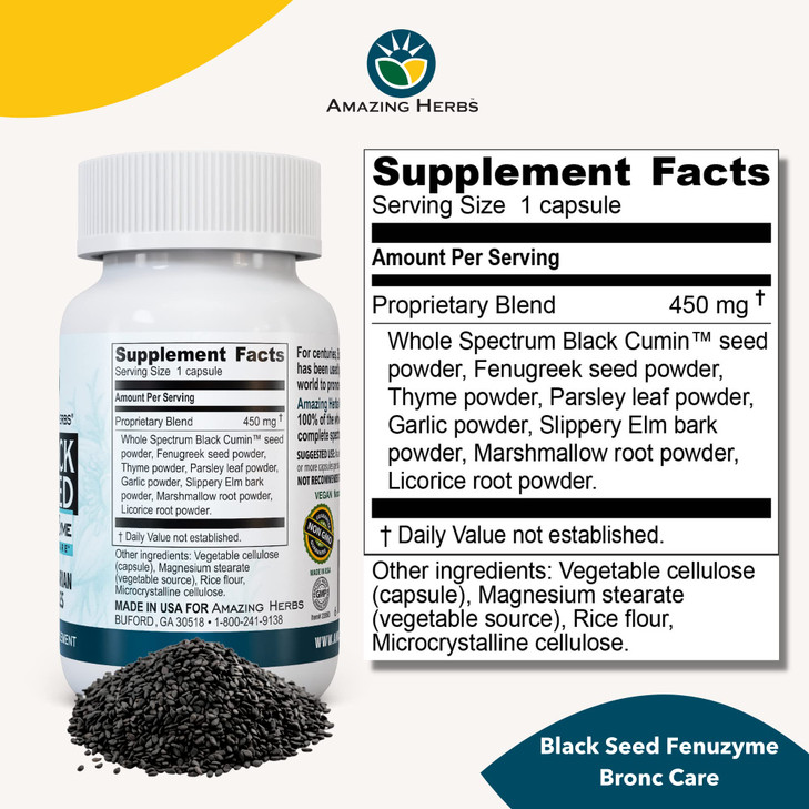 Amazing Herbs Black Seed Fenuzume Bronc-Care, Vegetarian Capsules - Gluten-Free, Non-GMO, Vegan, Enhances Immune Response, Improves Allergic Conditio