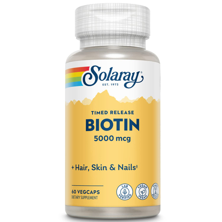 Solaray Timed-Release Biotin 5000 mcg - Pure Biotin 5000mcg for Hair, Skin, and Nails, Hair Vitamin for Women and Men, Vitamin B 7 Pills - 60 Vegan C