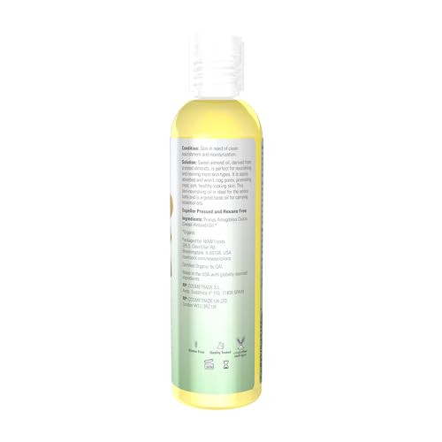 NOW Foods Solutions, Organic Sweet Almond Oil, 100% Pure Moisturizing Oil, Promotes Healthy-Looking Skin, Unscented Oil, 8-Ounce