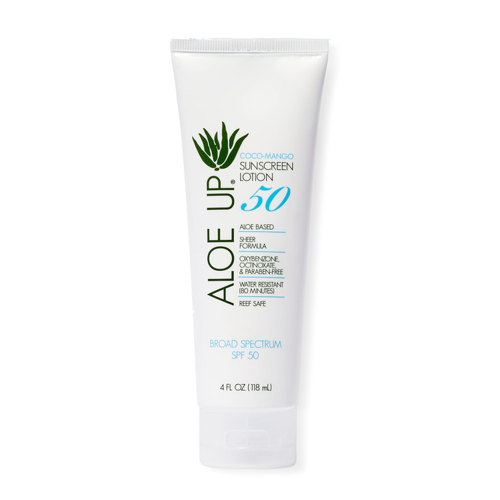 Aloe Up SPF 50 Sunscreen for Sensitive Skin - Broad Spectrum Face and Body Sunblock with Aloe Vera - Reef-Safe, Hydrating Coco-Mango Fragrance, 4 Oz