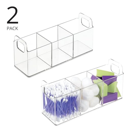 mDesign Plastic 3-Compartment Bathroom Organizer Storage Bin - Divided Makeup Caddy and Hair/Beauty Product Holder Tray - Perfect for Vanity, Counter