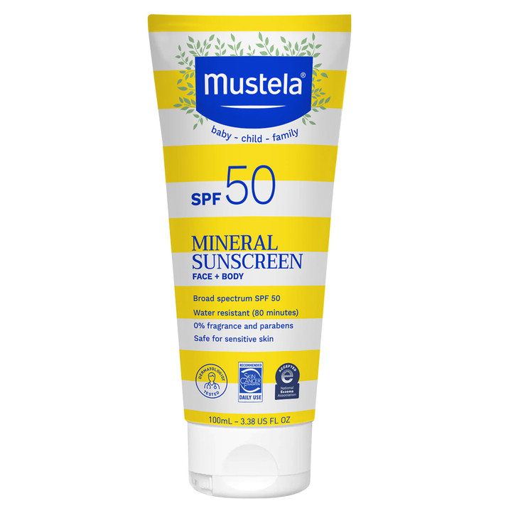 Mustela Baby Mineral Sunscreen Lotion SPF 50 Broad Spectrum - Face & Body Sun Lotion for Sensitive Skin - Water Resistant & Fragrance Free - Regular