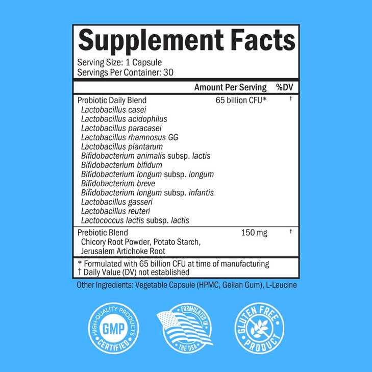 Probiotic 65 Billion - Probiotics with Prebiotic for Women & Men - Lactobacillus Acidophilus Digestive Health Capsules - Targeted Release Technology