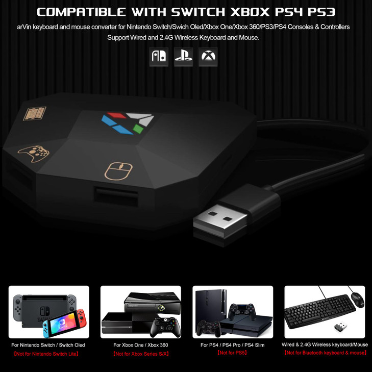 Arvin Keyboard and Mouse Adapter for Nintendo Switch/PS4/PS3/Xbox One/Xbox 360 Consoles, Switch Adapter Support Custom Mapping & Mouse Sensitivity Ad