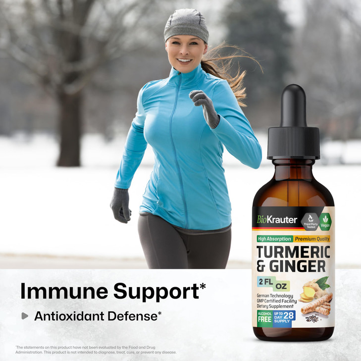 BIO KRAUTER® Turmeric and Ginger Supplement - Pure Vegan Liquid Turmeric & Ginger Tincture with Pepper 2 Fl.Oz 28 Days of Supply - Curcumin Drops for
