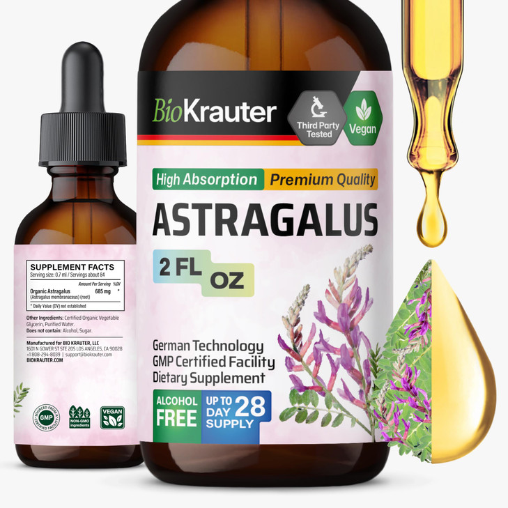 BIO KRAUTER Astragalus Tincture - Astragalus Root Liquid Extract for Immune Support - Alcohol and Sugar Free - High Absorption - Vegan Drops 2 Fl.Oz.