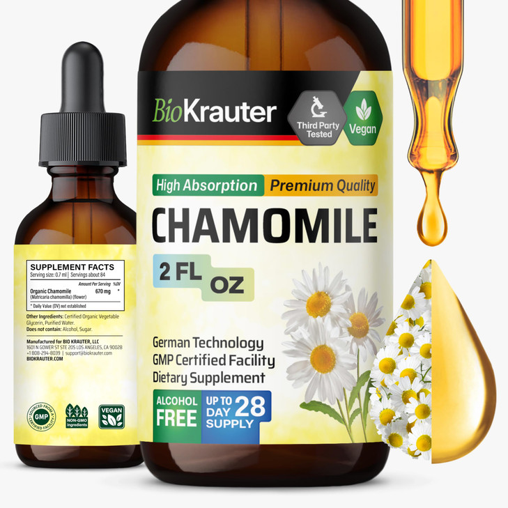 BIO KRAUTER® Chamomile Extract - Liquid Drops Pure Vegan Chamomile Supplement 670 mg per Serving 2 Fl.Oz 28-Day Supply - Used for Calm & Relax - Alco