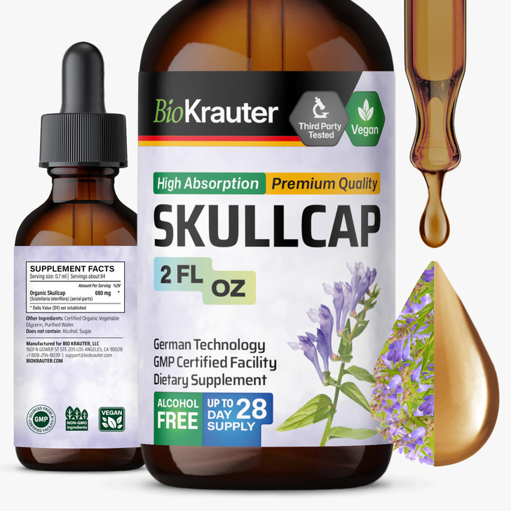 BIO KRAUTER Skullcap Herb Tincture - Scutellaria Lateriflora Liquid Extract - Alcohol and Sugar Free - Vegan Drops 2 Fl.Oz.