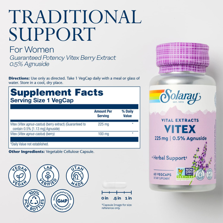SOLARAY Vitex Berry Extract 225 mg - Chasteberry Supplement for Women - Traditional Hormone Balance Support - Chaste Tree Berry - Vegan, Lab Verified