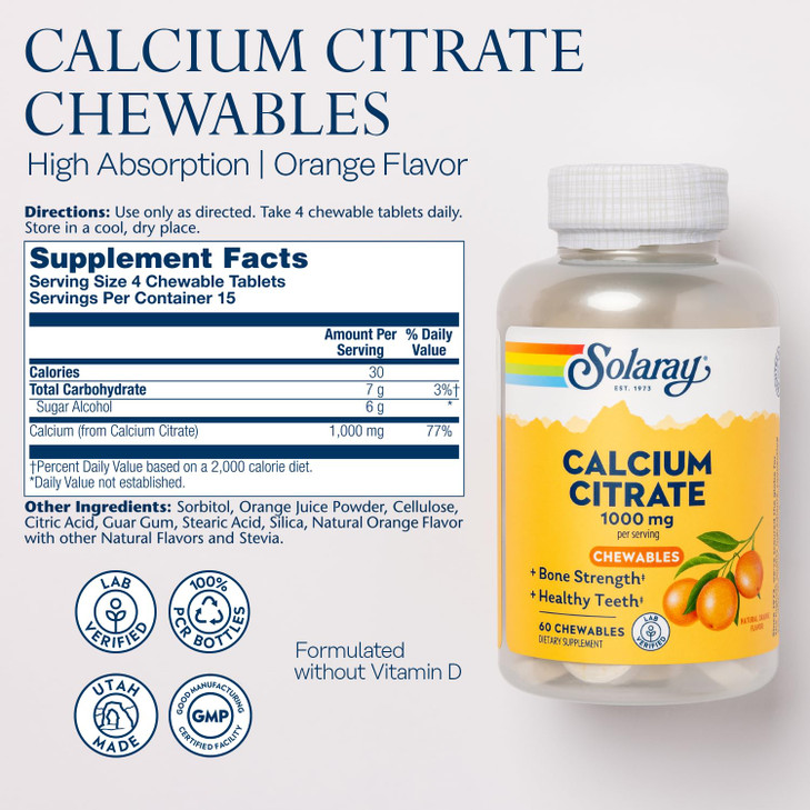 Solaray Calcium Citrate 1000 mg, Natural Orange Flavor Chelated Calcium Supplement for Bone Strength, Teeth, Nerve, Muscle, and Heart Function Suppor