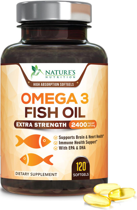 Omega 3 Fish Oil 2400 mg  Triple Strength EPA & DHA Fatty Acids for Heart, Brain & Joint Support  Wild-Caught, Burpless, Lemon Flavor Supplement 