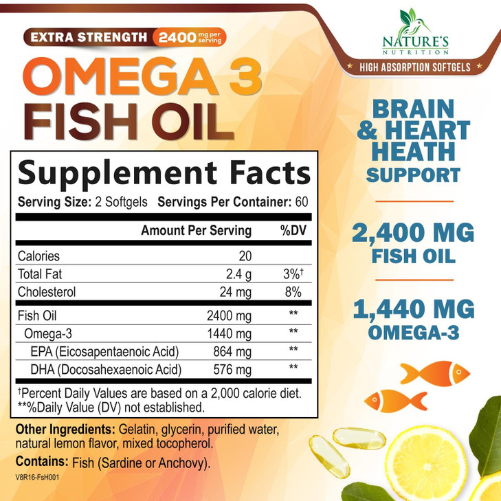Omega 3 Fish Oil 2400 mg  Triple Strength EPA & DHA Fatty Acids for Heart, Brain & Joint Support  Wild-Caught, Burpless, Lemon Flavor Supplement 