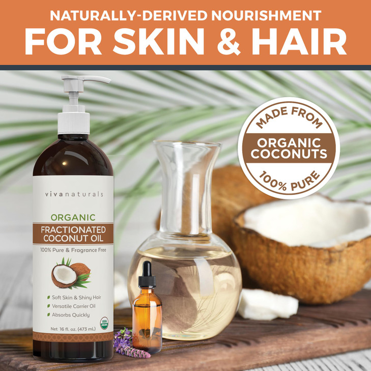 Viva Naturals Organic Fractionated Coconut Oil, 16 fl oz  Skin & Hair Moisturizer, Massage Oil, Carrier Oil for Essential Oils