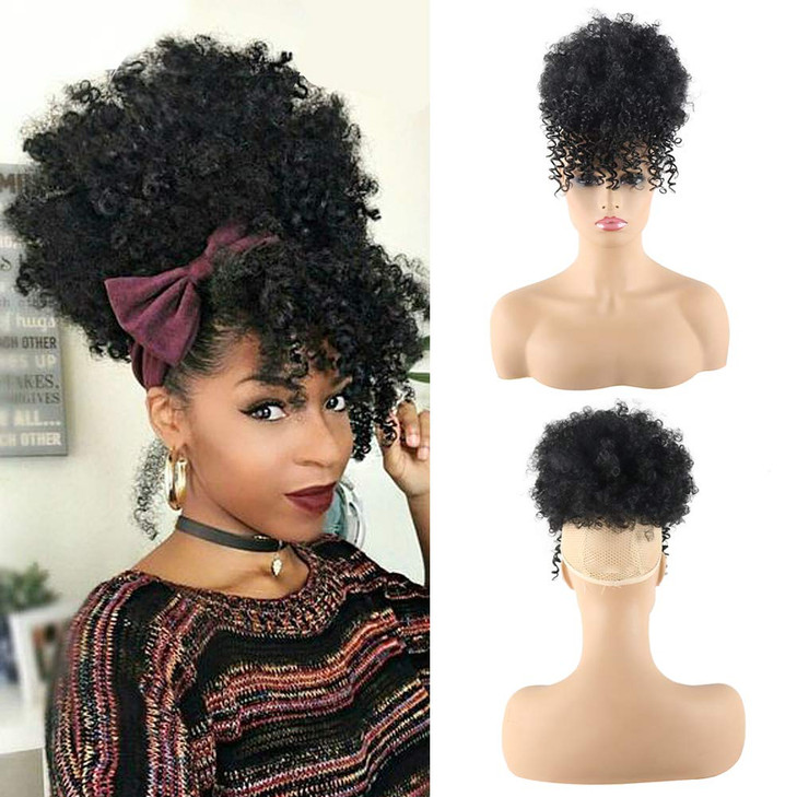CINHOO Curly Ponytail Wig for Black Women - Afro High Puff Bun Hair Piece With Bangs - Synthetic Drawstring Extension for Natural Hair
