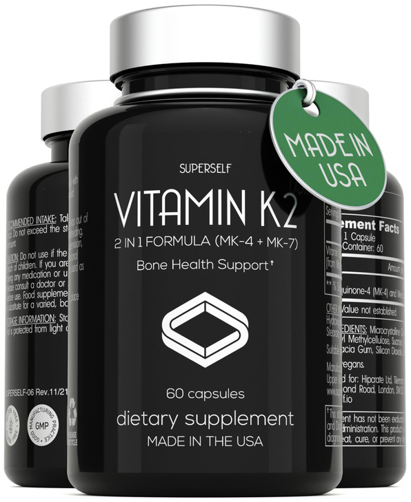 SuperSelf Vitamin K2 Capsules 100 mcg - Vitamin K Complex MK-7 & MK-4-60 Capsules - VIT K2 2 in 1 Formula High Strength Supplement MK7 MK4 - Made in