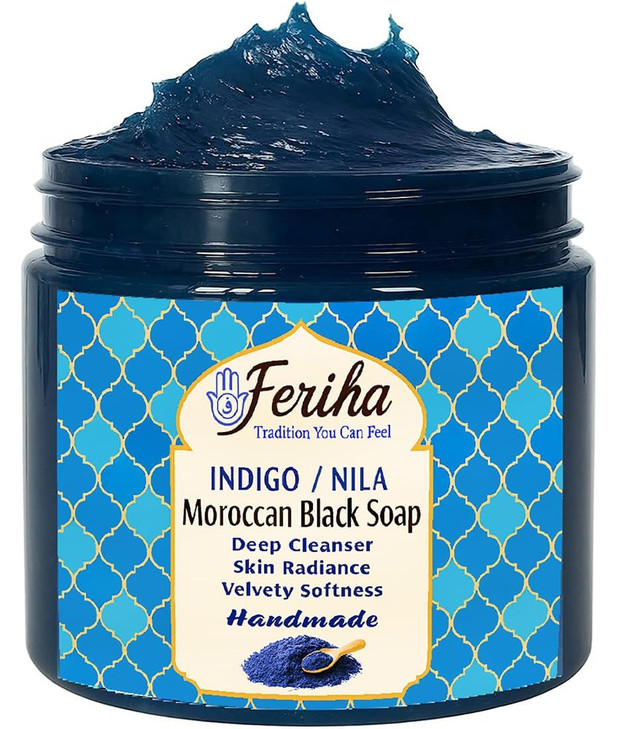 Feriha Moroccan Black Soap, Indigo, Sahara Nila, 100% Natural, Artisan Beldi Soap, Crafted & Packed in Morocco - Traditional Hammam Formula