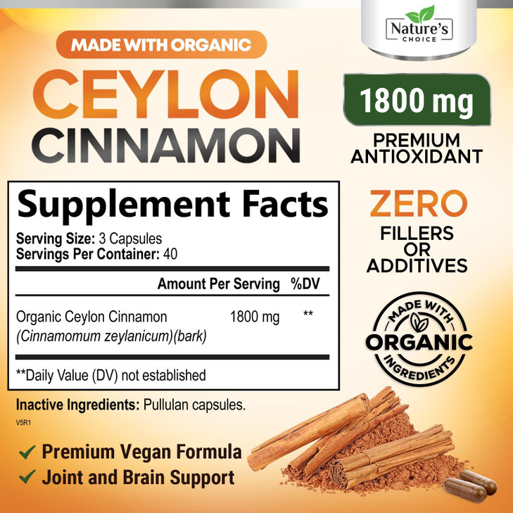 Ceylon Cinnamon Capsules 1800mg - Certified Organic & Authentic True Ceylon Cinnamon Powder, Extra Strength, Antioxidant Pills, Non-GMO, Sugar Free
