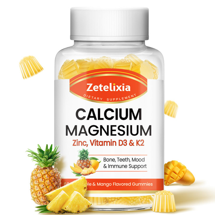 Calcium Gummies with D3, Calcium Magnesium Supplement with Glycinate,Potassium,Vitamin D3 & K2, &Whole Natural Food for Bone & Immune Support- 60 Che