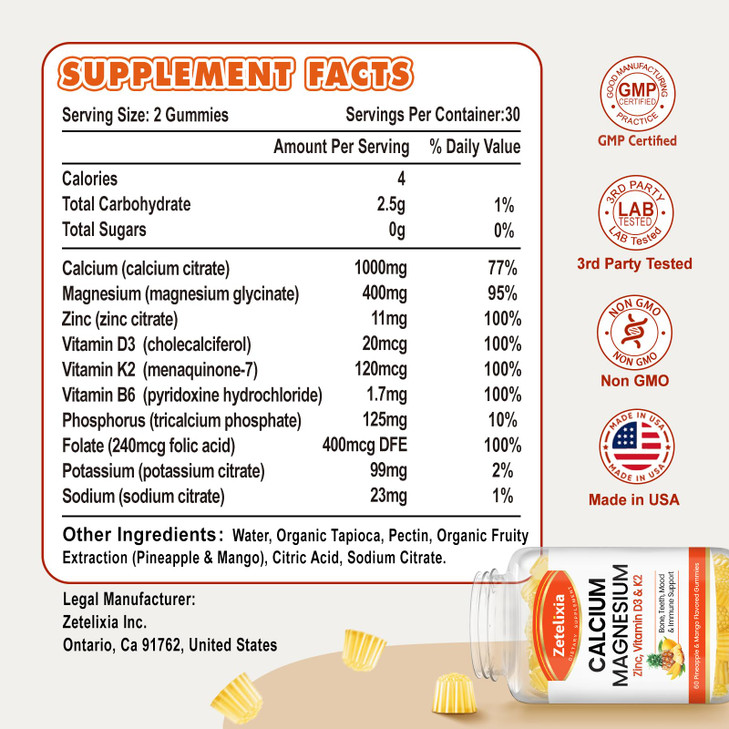 Zetelixia Calcium Gummies for Women Men, Calcium Magnesium Zinc with Vitamin D3 & K2, Calcium Magnesium Supplement for B0nes Muscles, Pineapple & Man