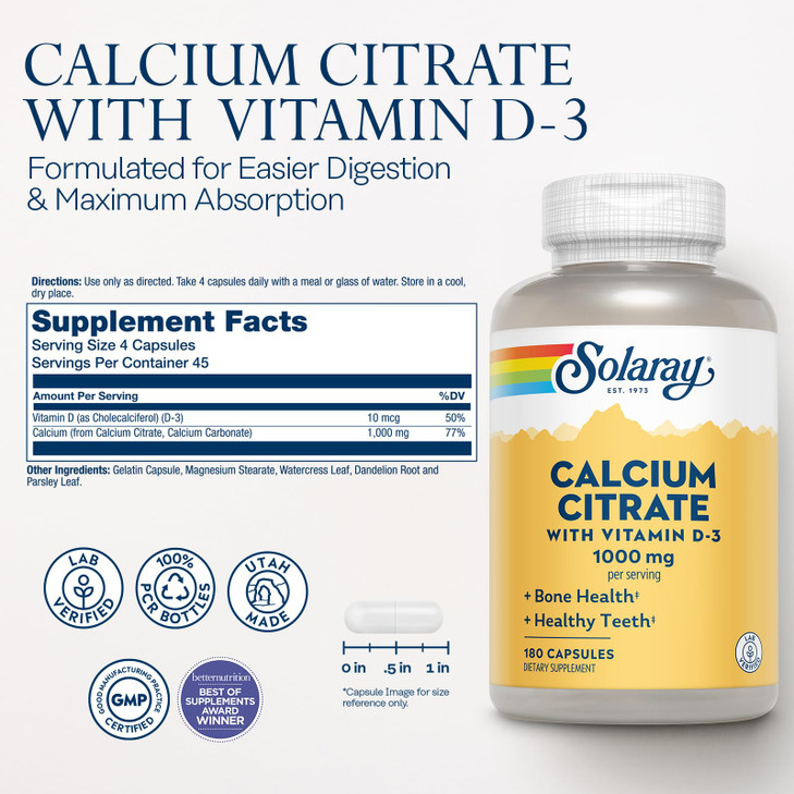 Solaray Calcium Citrate with Vitamin D3 1000mg - Bone Strength and Healthy Teeth Support - Gentle Digestion Formula - Lab Verified, 60-Day Guarantee