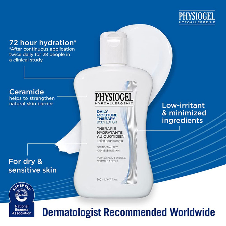 Physiogel Daily Moisture Therapy Body Lotion for Men & Women - 72hr Lasting Hydration with Ceramide for Dry & Sensitive Skin - Low irritant, Hypoalle