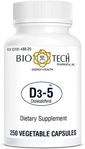 Bio-Tech Pharmacal D3-5 (5000 IU), 250 Vegetable Capsules  All-Natural Supplement  Supports Bone & Immune Health  No Dairy, Fish, Gluten, Peanut,