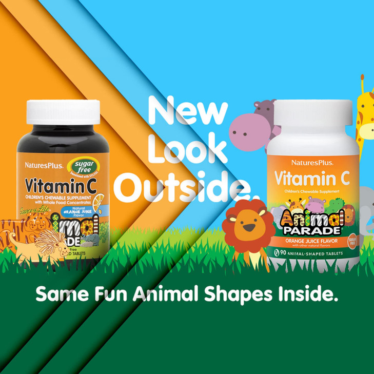 NaturesPlus Animal Parade Sugar-Free Children's Vitamin C, Natural Orange Juice Flavor - 90 Chewable Animal Shaped Tablets - Immune Support - Gluten