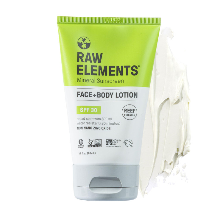 Raw Elements Face and Body Mineral Sunscreen SPF 30 Tube, Organic Sunblock Daily Protection, Non Toxic Reef Safe, Water Resistant, Cruelty Free, 3 oz