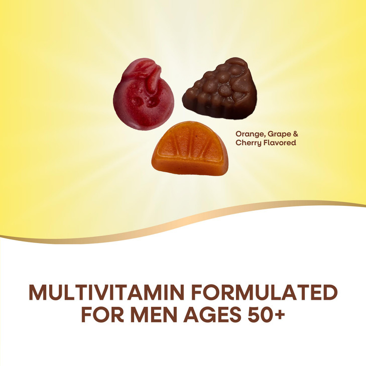 Natures Way Alive! Mens 50+ Premium Gummy Multivitamin, Supports Healthy Heart, Brain & Muscle Function*, B-Vitamins, Vegetarian, Grape, Orange and