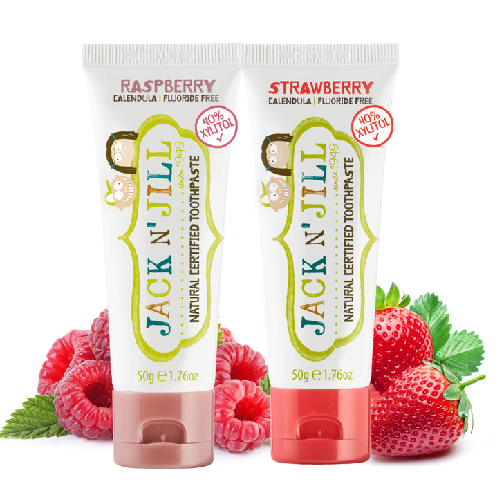 Jack N' Jill Natural Toddler Toothpaste - Fluoride Free Training Toothpaste for Toddlers 1-3, 40% Xylitol, BPA Free - Strawberry & Raspberry, 1.76 oz