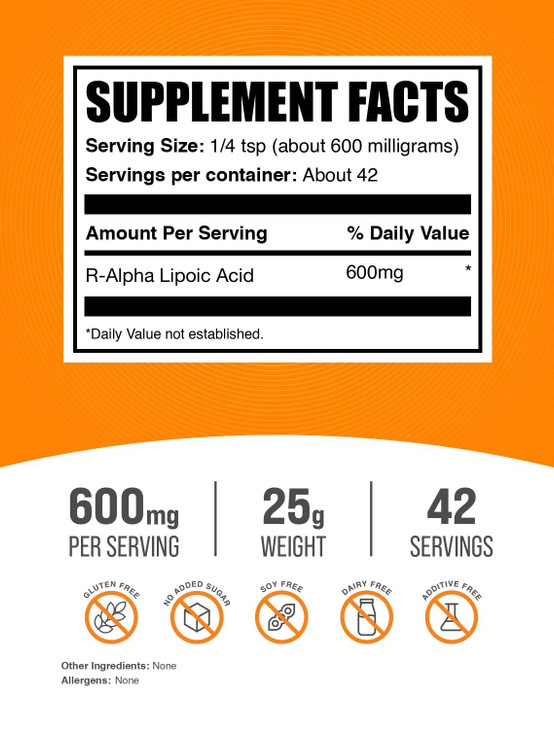BulkSupplements.com R-Alpha Lipoic Acid Powder - R-ALA Supplement, R Alpha Lipoic Acid 200mg - Antioxidants Supplement, Gluten Free, 200mg per Servin