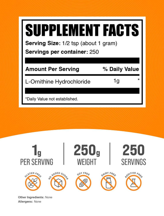 BulkSupplements.com L-Ornithine HCl Powder - Ornithine Supplement, Amino Acids Supplement - Gluten Free, 1g per Serving, 250g (8.8 oz) (Pack of 1)