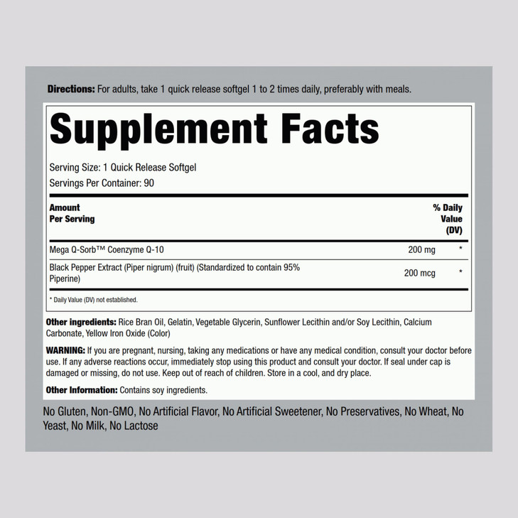 Piping Rock CoQ10 200mg Softgels | 90 Count | Supplement for Women and Men | with Black Pepper Extract | Non-GMO, Gluten Free