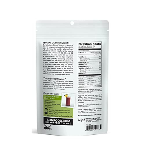 Sunfood Chlorella Spirulina Tablets - Spirulina and Chlorella Powder Pills, Green Algae Supplement Rich in Chlorophyll, Broken Cell Wall, Vegan - 4 o