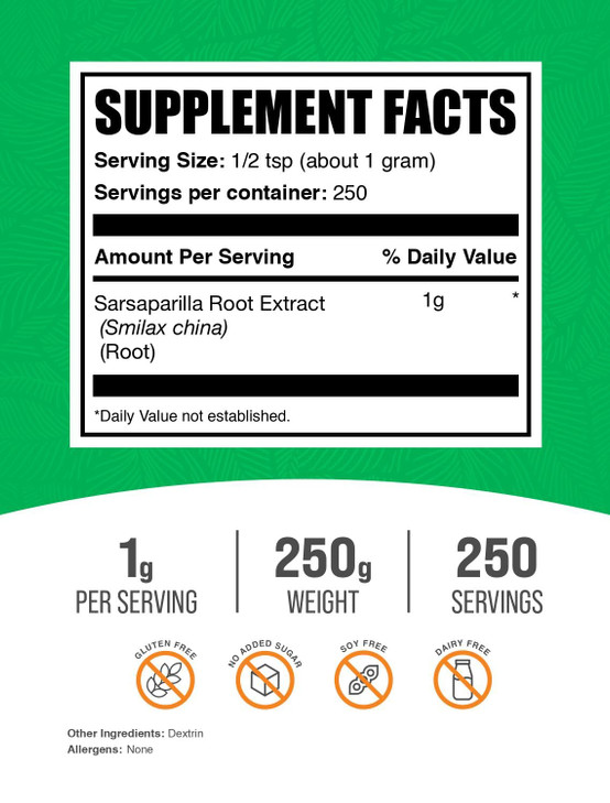 BulkSupplements.com Sarsaparilla Root Extract Powder - Sarsaparilla Supplement, Smilax Sarsaparilla Root - Herbal & Gluten Free, 1g per Serving, 250g